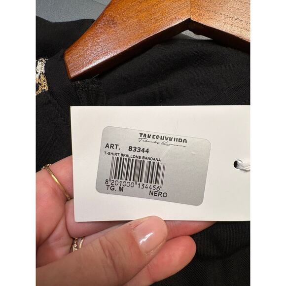 New NWT Takeshy Kurosawa Black Crewneck Embroidered Shoulder T Shirt - Medium - Picture 8 of 9